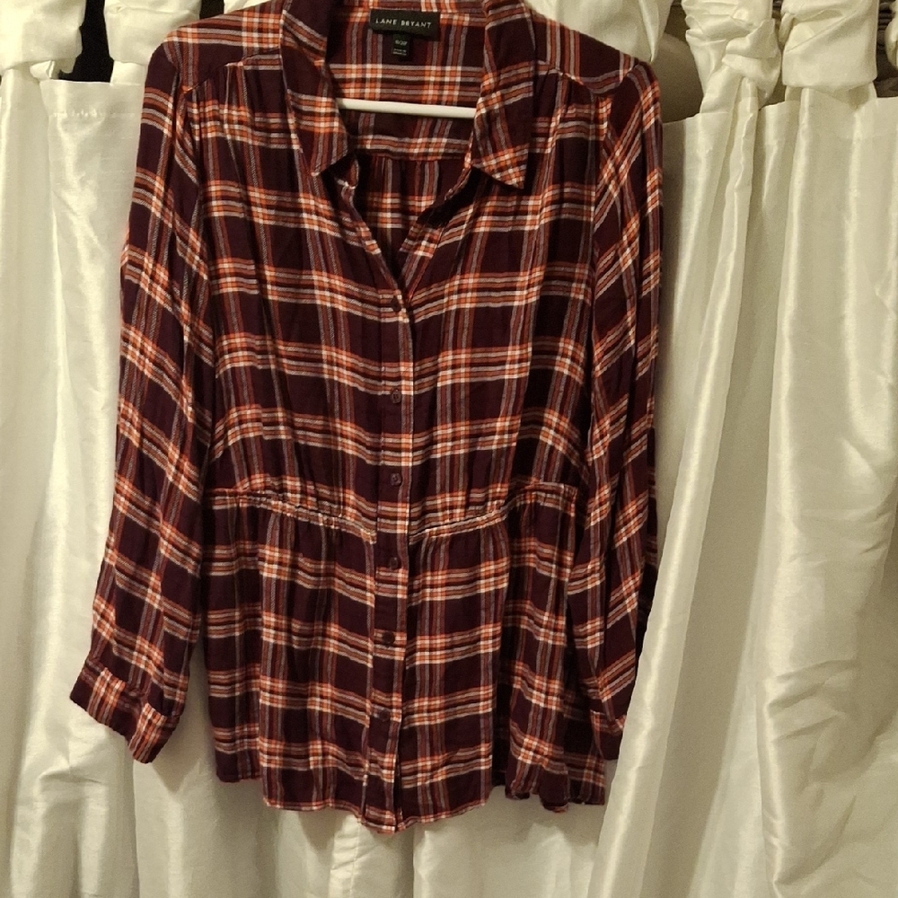 Lane Bryant Burgundy and Orange Plaid Button-Down Shirt 18/20P 🩵🩵🩵🩵